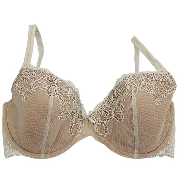 Wacoal b. Tempt’d lace overlay lined underwire bra size 32DD ivory over tan - Picture 1 of 5